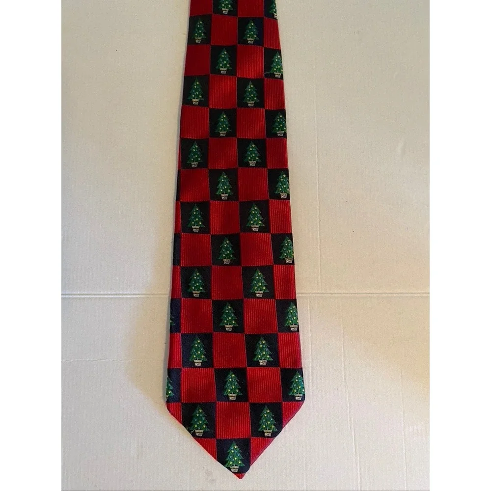 Lands End Mens Silk Christmas Tie Red Black Checkered Holiday Tree Handsewn USA